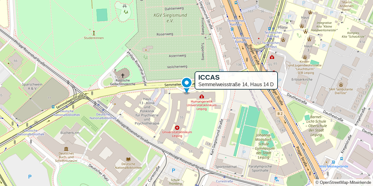 Kartenausschnitt: Das ICCAS (blaue Markierung) liegt an der Semmelweisstraße 14, Haus 14 D, auf dem Gelände des Universitätsklinikums zwischen Prager Straße und Philipp-Rosenthal-Straße, gegenüber der Russischen Gedächtniskirche.