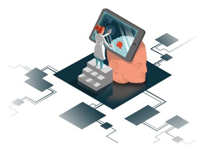 Illustration: Person auf einer Treppe vor einem großen Tablet mit medizinischer Anwendung