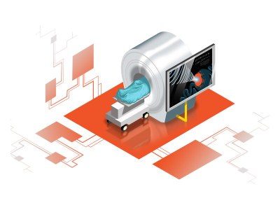 Illustration: MRT-Gerät mit Patientenliege und Bildschirm