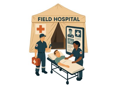 Illustration: Rettungskräfte versorgen einen Patienten vor einem Feldlazarett, daneben ein Tablet mit Patientendaten