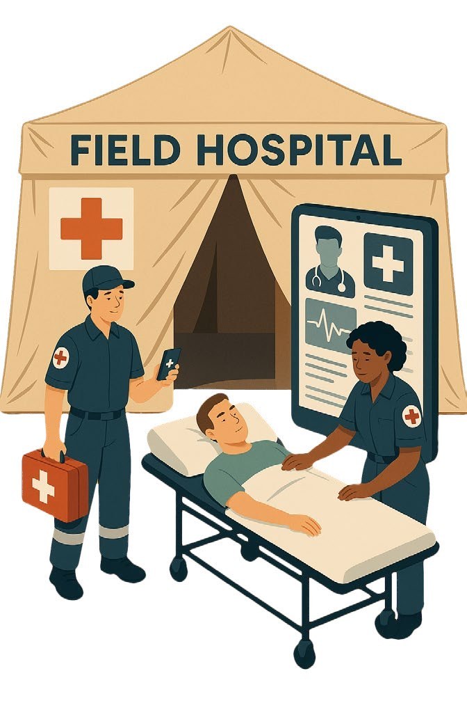 Illustration: Rettungskräfte versorgen einen Patienten vor einem Feldlazarett