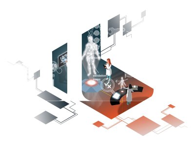 Illustration: digitaler Zwilling eines Menschen als Hologramm, daneben Ärztin und Bildschirme