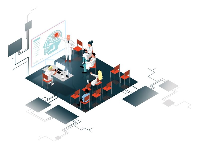 Illustration: experts at screens and patient beds discussing treatment data
