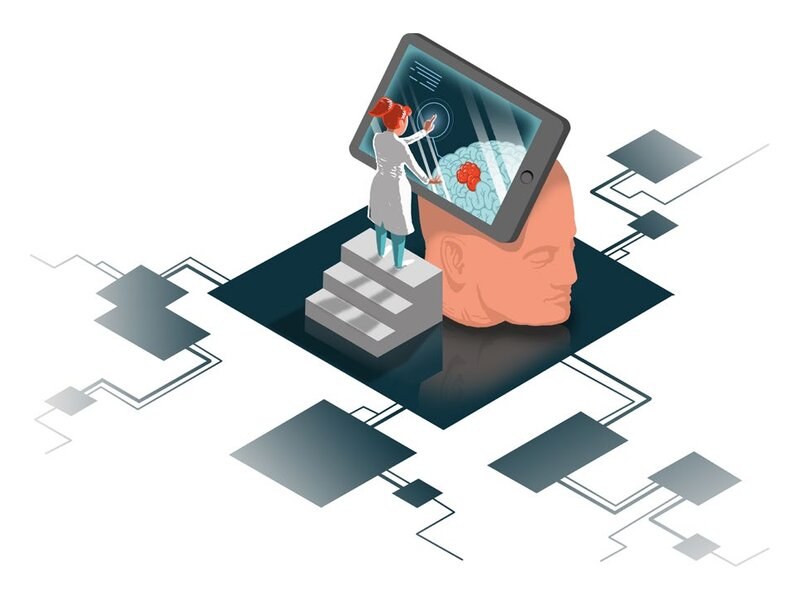 Illustration: person on a staircase in front of a large tablet with a medical application