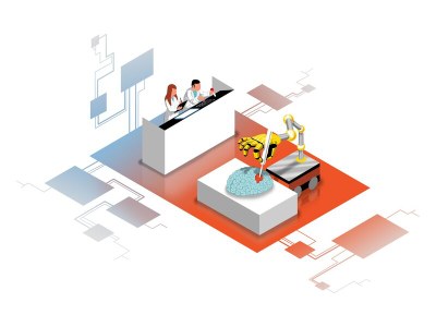 Illustration: robotic arm at a treatment table, control desk in the background